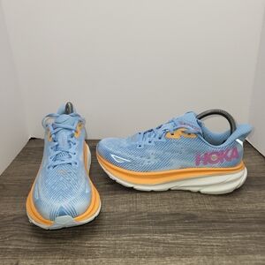 Hoka Clifton 9 Shoes Womens 7 Blue White Orange Road Running Max Support Trainer